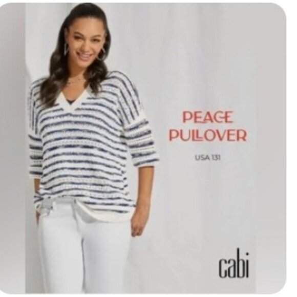 Cabi Peace Pullover Sweater 6178 Cotton crochet Blue White Stripe nautical XL - Picture 10 of 10